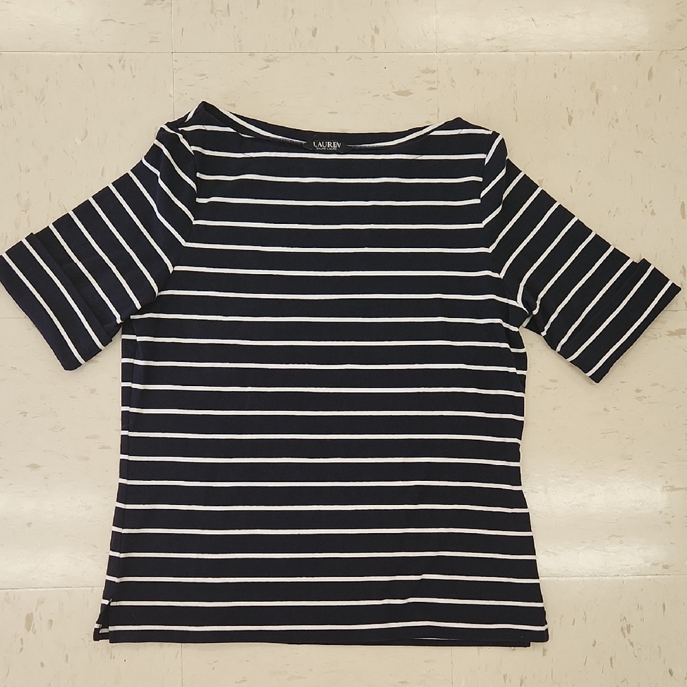 Lauren Ralph Lauren Navy Blue and White Cotton Blend Short Sleeve Top Size XL